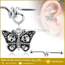 316L chirurgischer Stahl Schädel Dangle Butterfly Langhantel Ohrschmuck